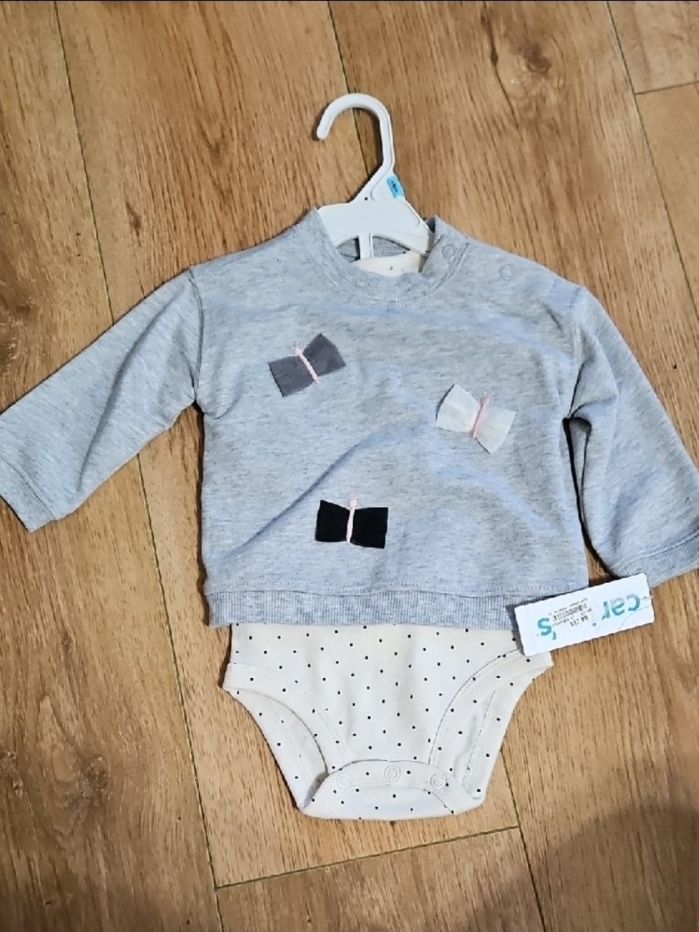 Carter's Grey Sweatshirt & Cream Polka Dot Bodysuit Set with Bow Accents